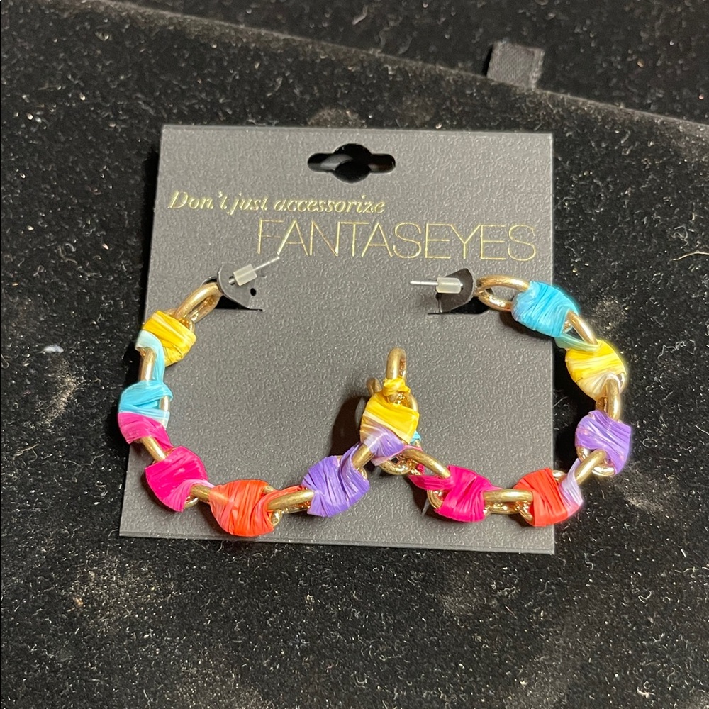 Fantaseyes Gold Tone Chain Detail & Multicolor Raffa Hoop Pierced Earrings. P